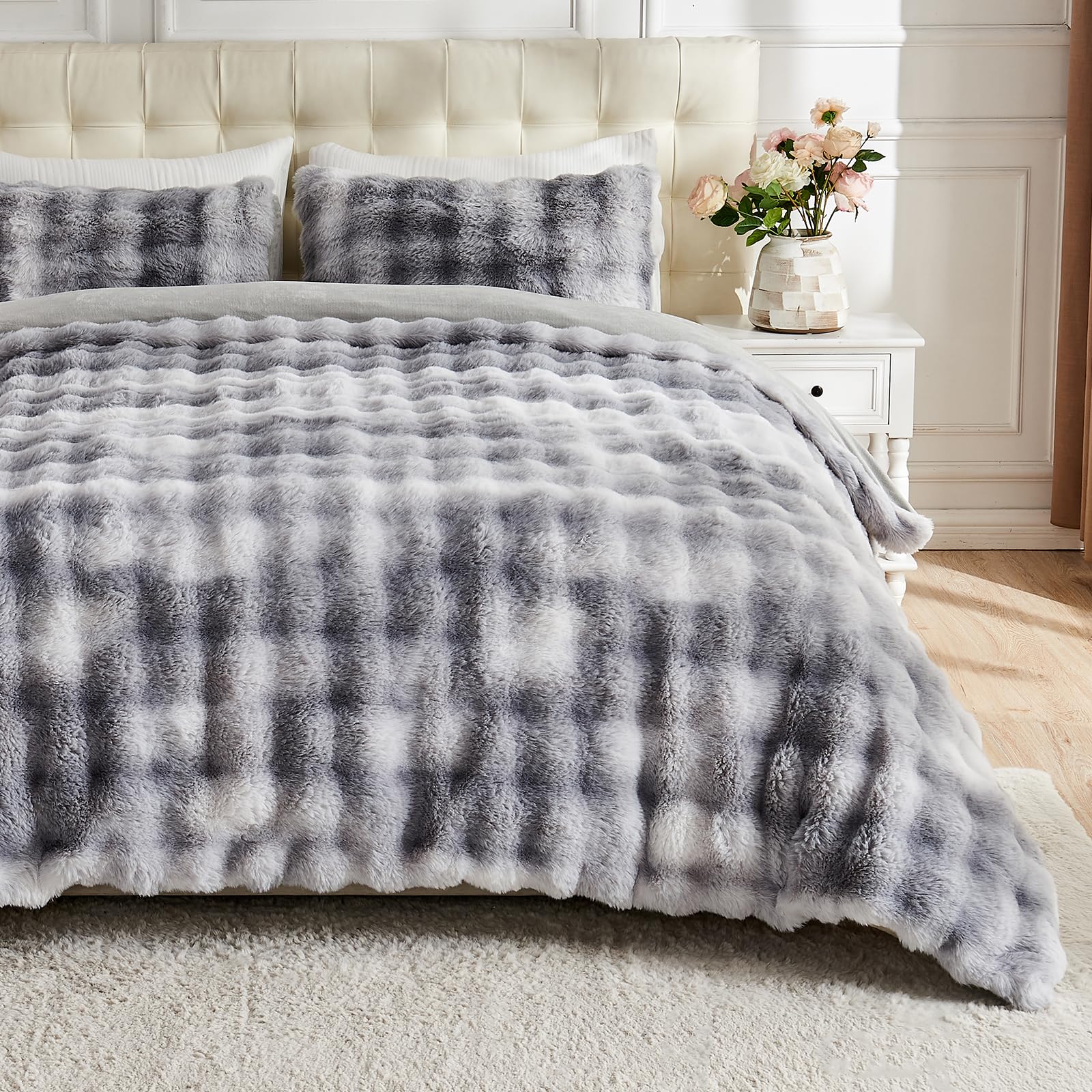 Lotus Karen Fluffy Comforter Cover Set-Rabbit Fluff Faux Fur Duvet Cover Full Size,Tie-Dye Gray White Plush Fuzzy Furry Bedding